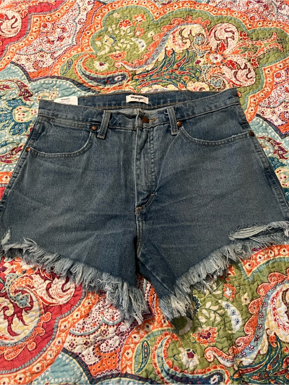 Wrangler Distressed Blue Denim Frayed-Hem Shorts